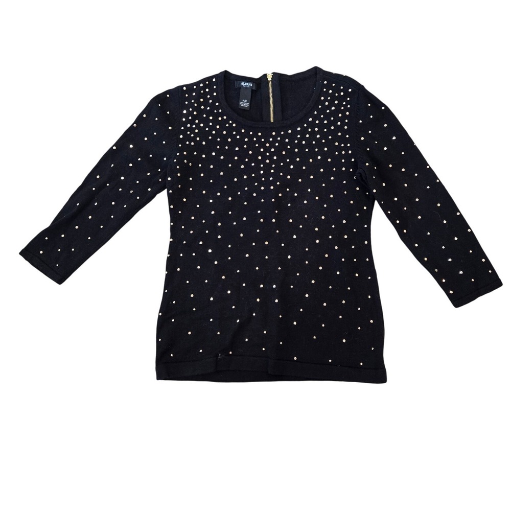 Alfani Petite Black Embellished Sweater Top Gold Zipper Back Elegant Party